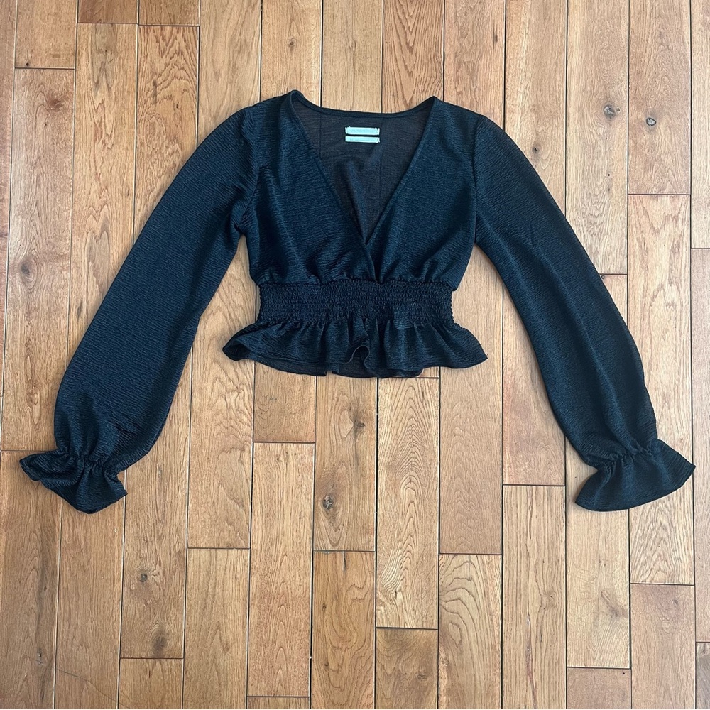 Urban Outfitters Black Sheer Shimmer V-Neck Long Sleeve Top - Size Small